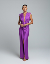 Satin Deep V-Neck Ruched High Split Maxi Dress Formal 5
