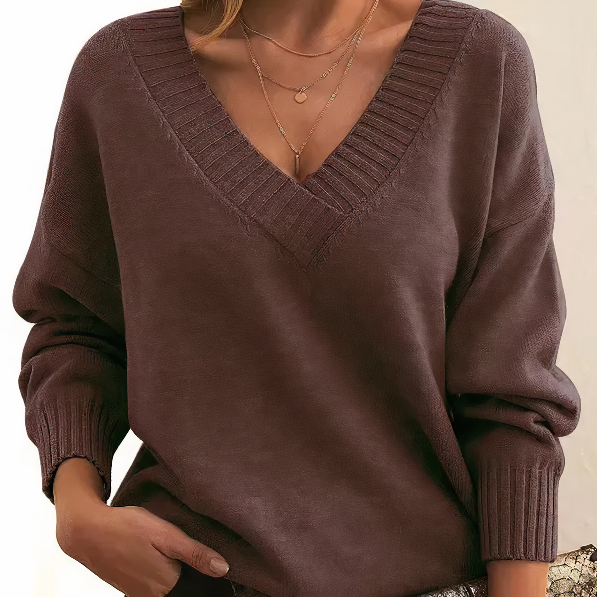Deep V-Neck Ribbed Trim Drop Shoulder Sweater