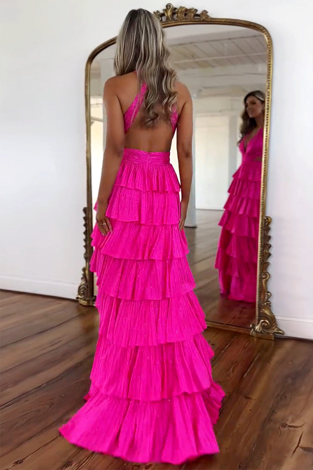 Luxurious Sparkly Mermaid Halter Long Tiered Beaded Prom Dress with High Slit