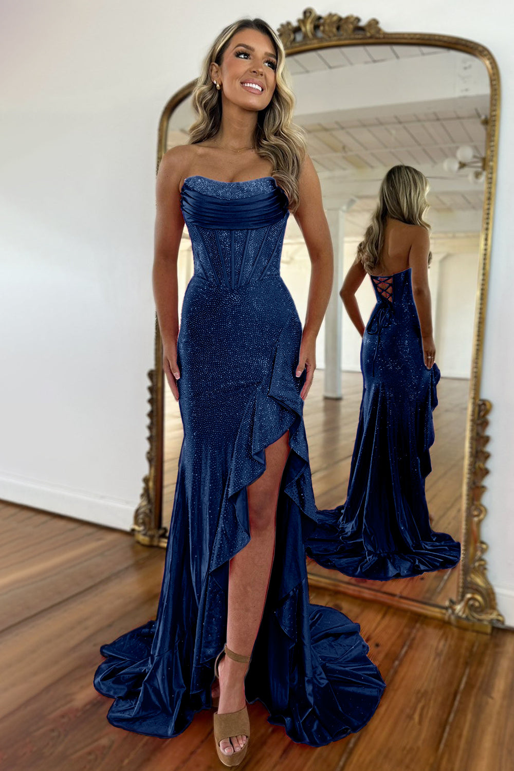 Sparkly Hot Pink Mermaid Strapless Long Beaded Prom Dress with Slit