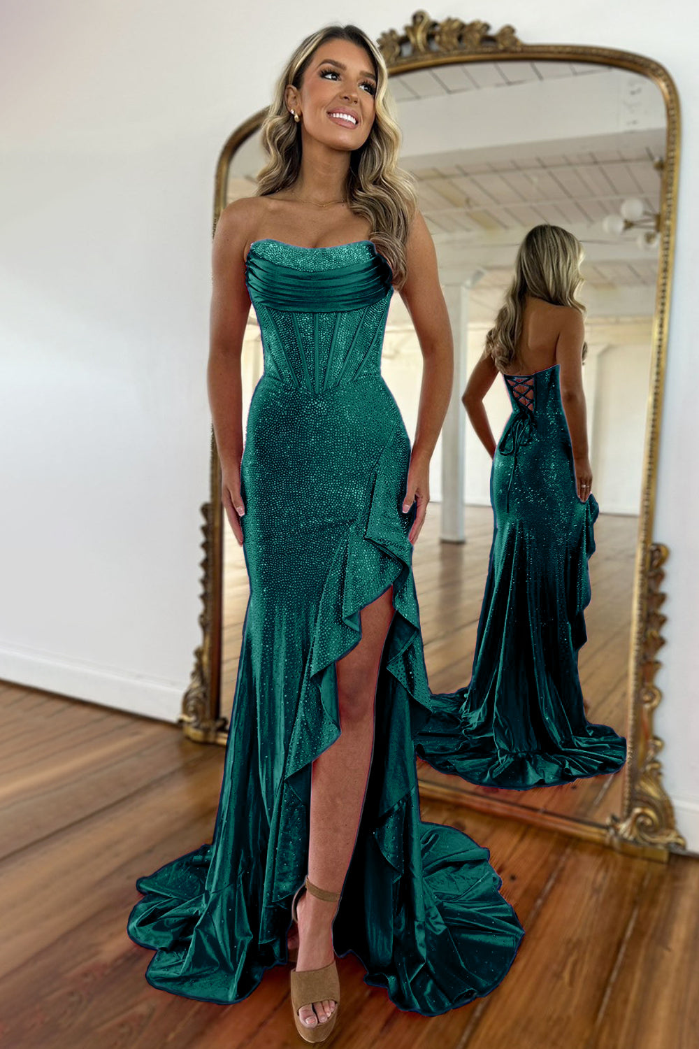 Sparkly Hot Pink Mermaid Strapless Long Beaded Prom Dress with Slit