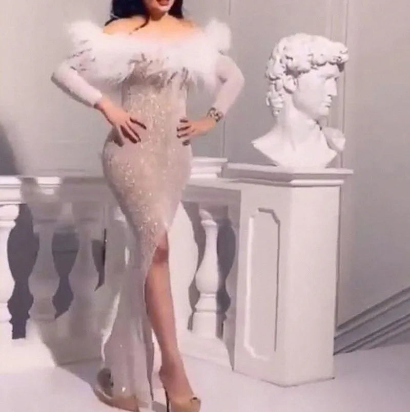 Sequin Off Shoulder Faux Feather Trim Long Sleeve High Split Maxi Dress 4