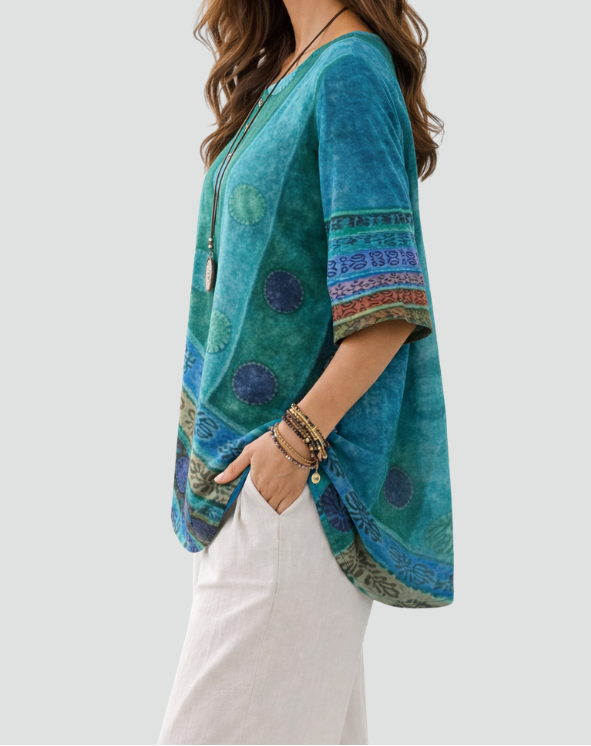 Patchwork Print Round Neck Half Sleeve Tunic Top