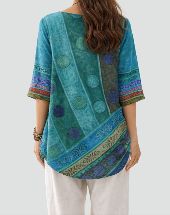 Patchwork Print Round Neck Half Sleeve Tunic Top