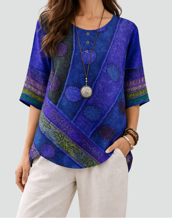 Patchwork Print Round Neck Half Sleeve Tunic Top
