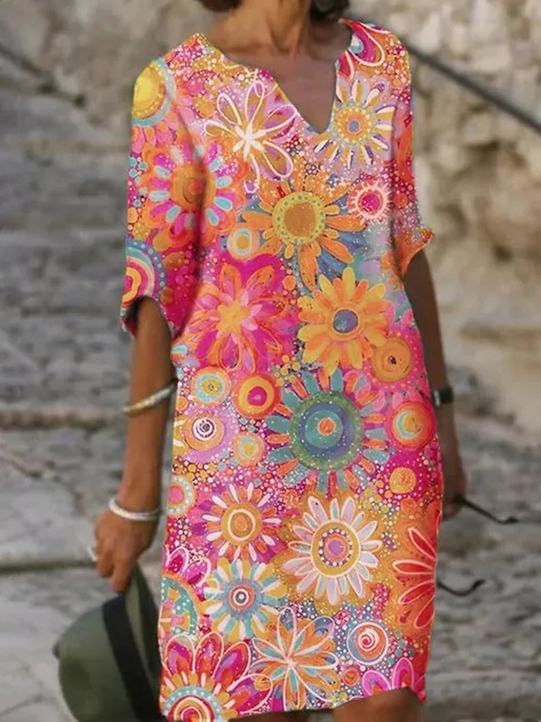 Floral V-Neck Short Sleeve Shift Midi Dress Summer 3