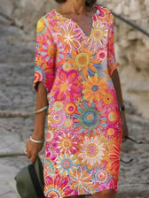 Floral V-Neck Short Sleeve Shift Midi Dress Summer 3