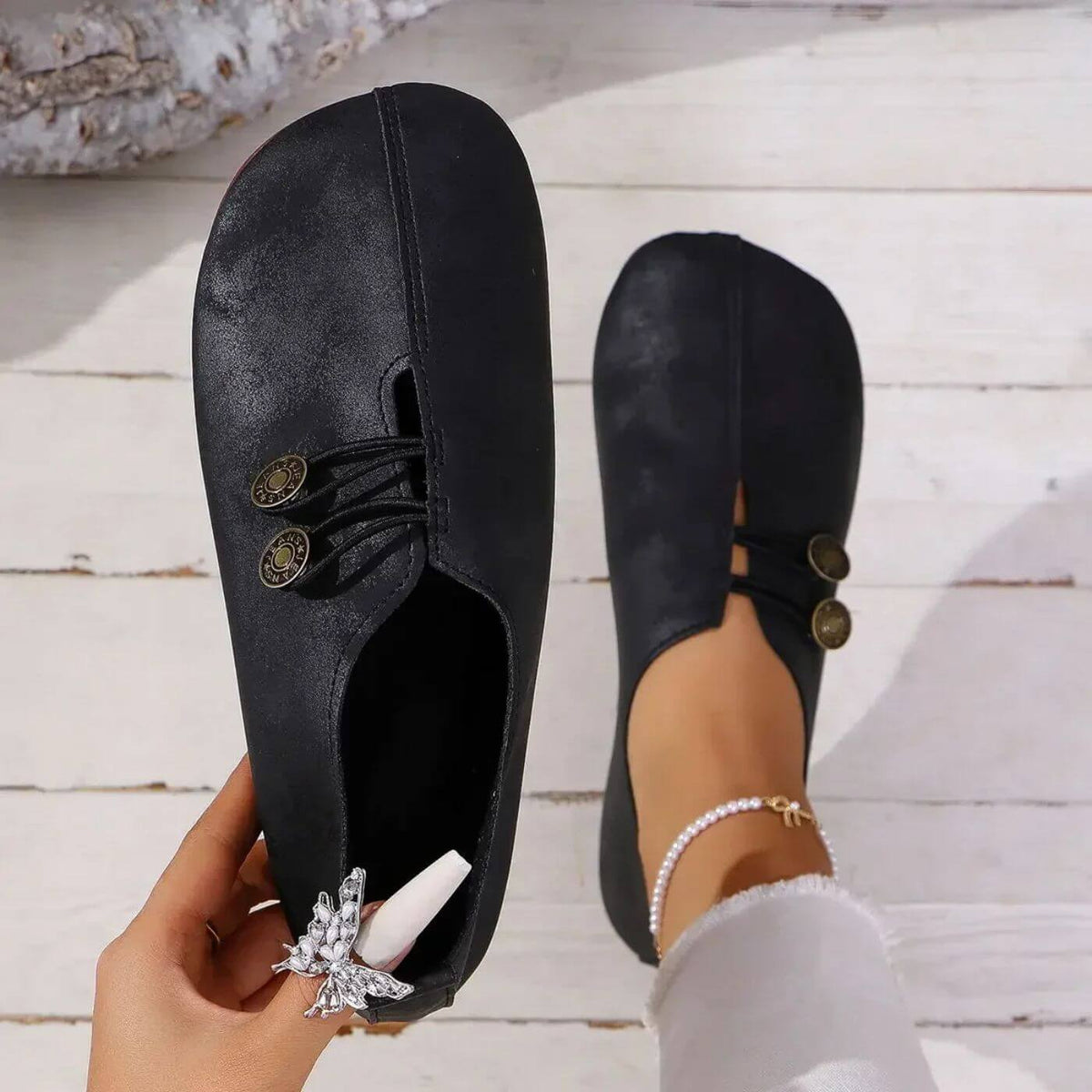 Round Toe Button Strap Slip On Flats