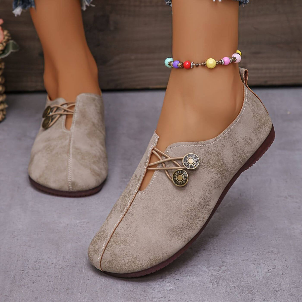 Round Toe Button Strap Slip On Flats