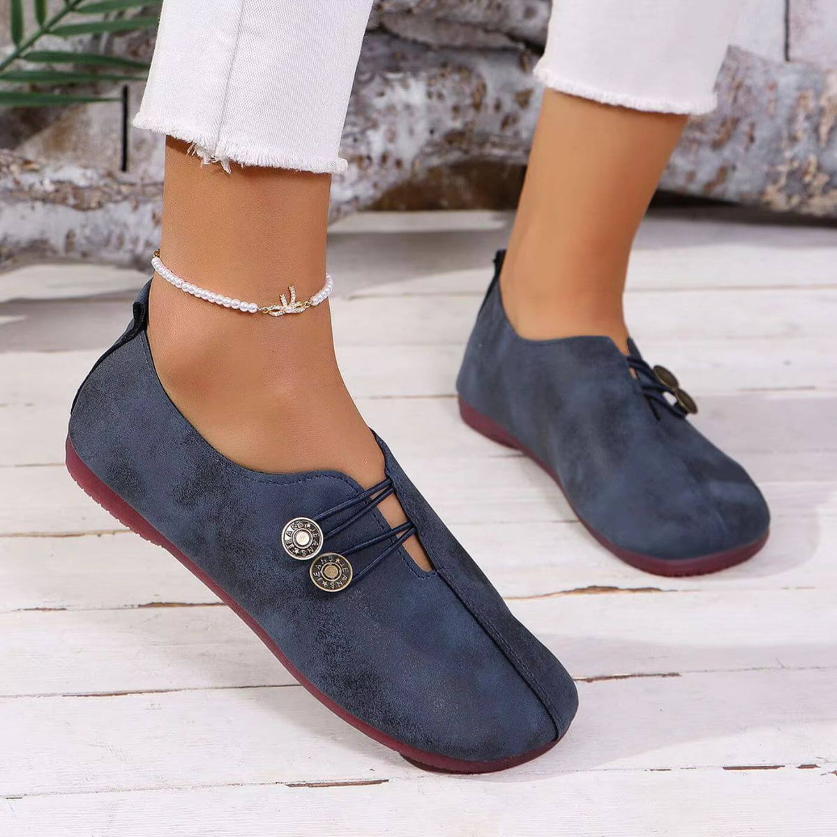 Square Toe Button Strap Suede Look Flat Mules