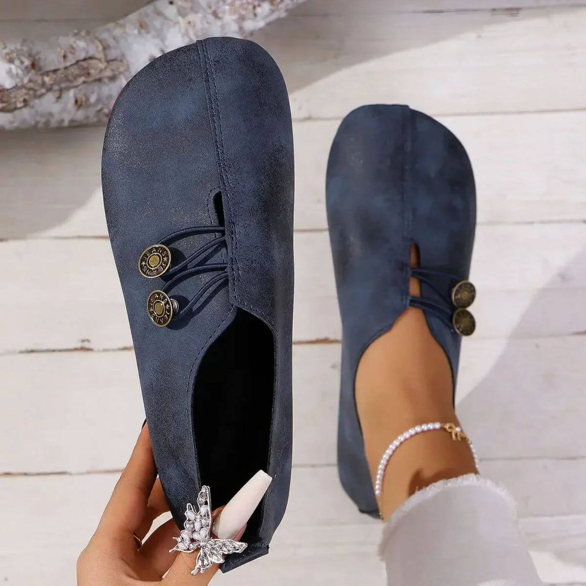 Round Toe Button Strap Slip On Flats