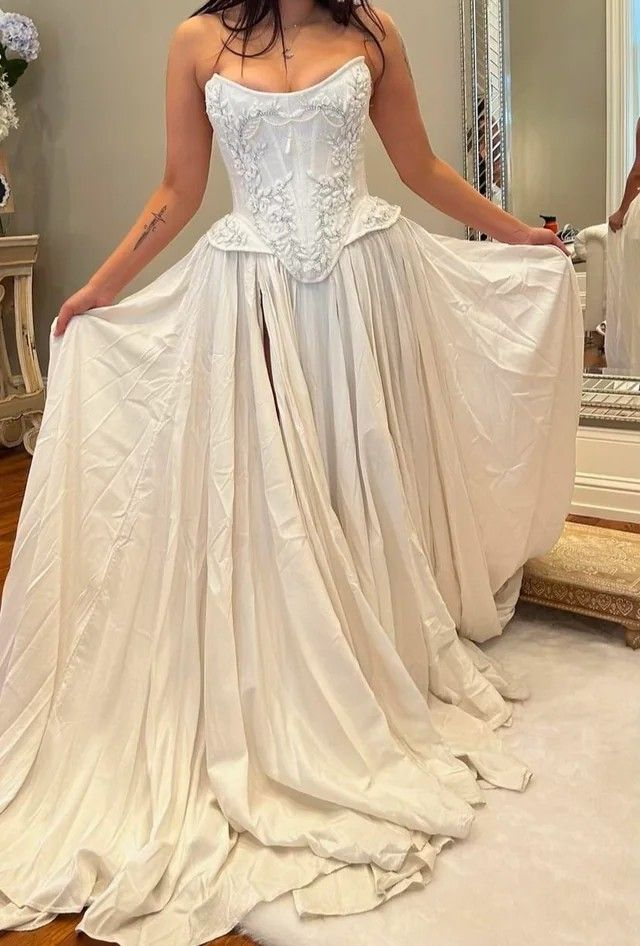 Charming Beaded Satin A Line Slit Prom Dress White Wedding Dress cc1430