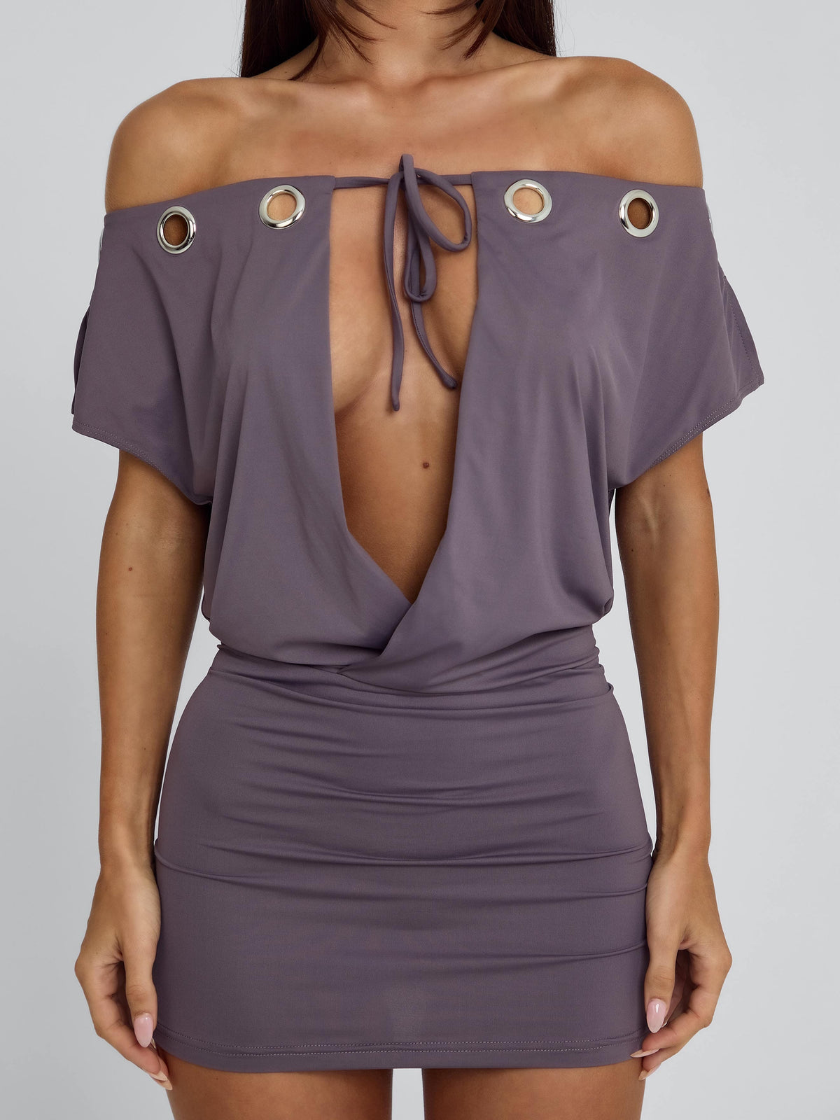 Off Shoulder Grommet Tie Neck Plunge Bodycon Mini Dress 5