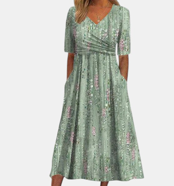 Sequin Print V-Neck Short Sleeve Ruched Waist Midi Dress