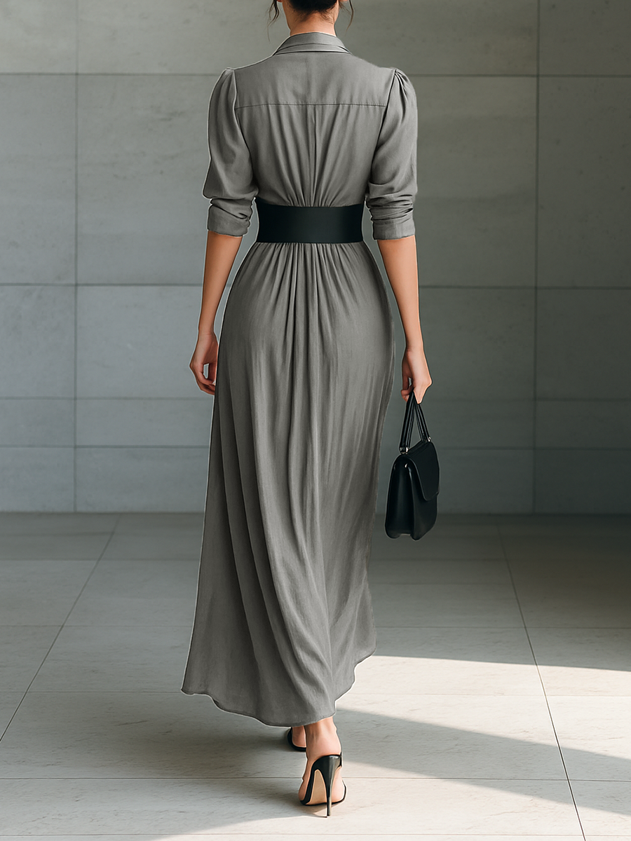 Collared Belted Ruched Long Sleeve Draped Maxi Shirt Dress