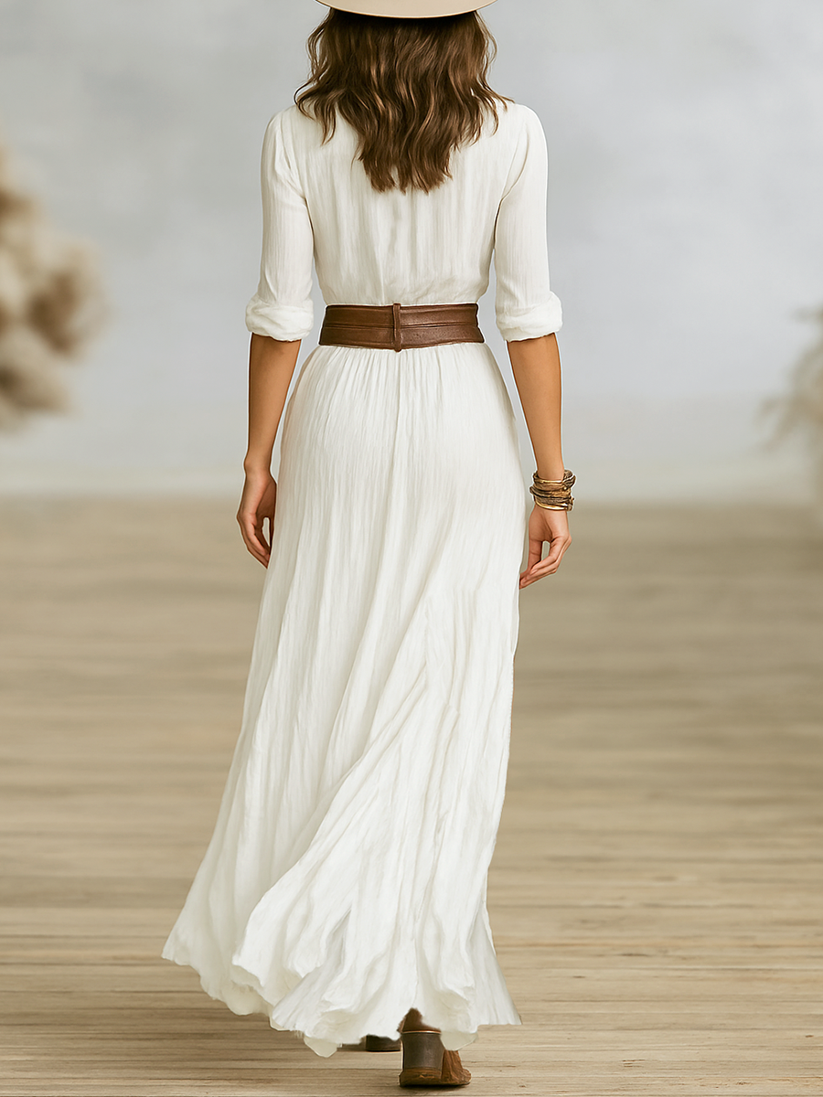 Collared Long Sleeve Belted High Split Maxi Shirt Dress