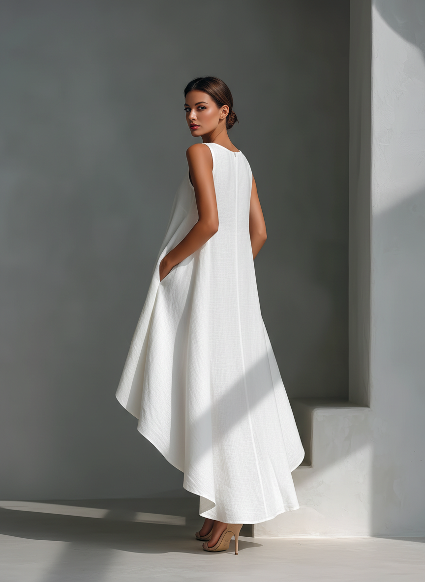Round Neck Sleeveless High Low Linen Look Midi Dress 8
