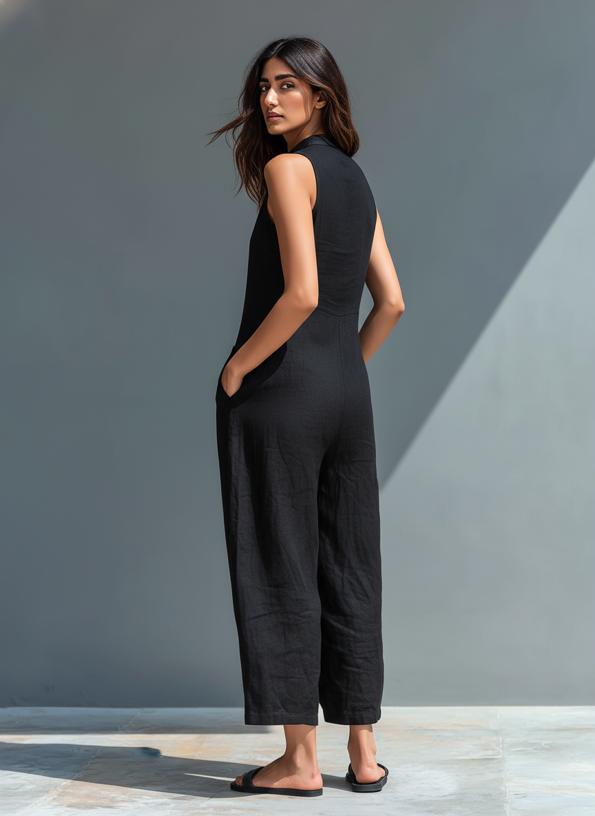 Sleeveless Button Front Wide Leg Jumpsuit with Pockets
