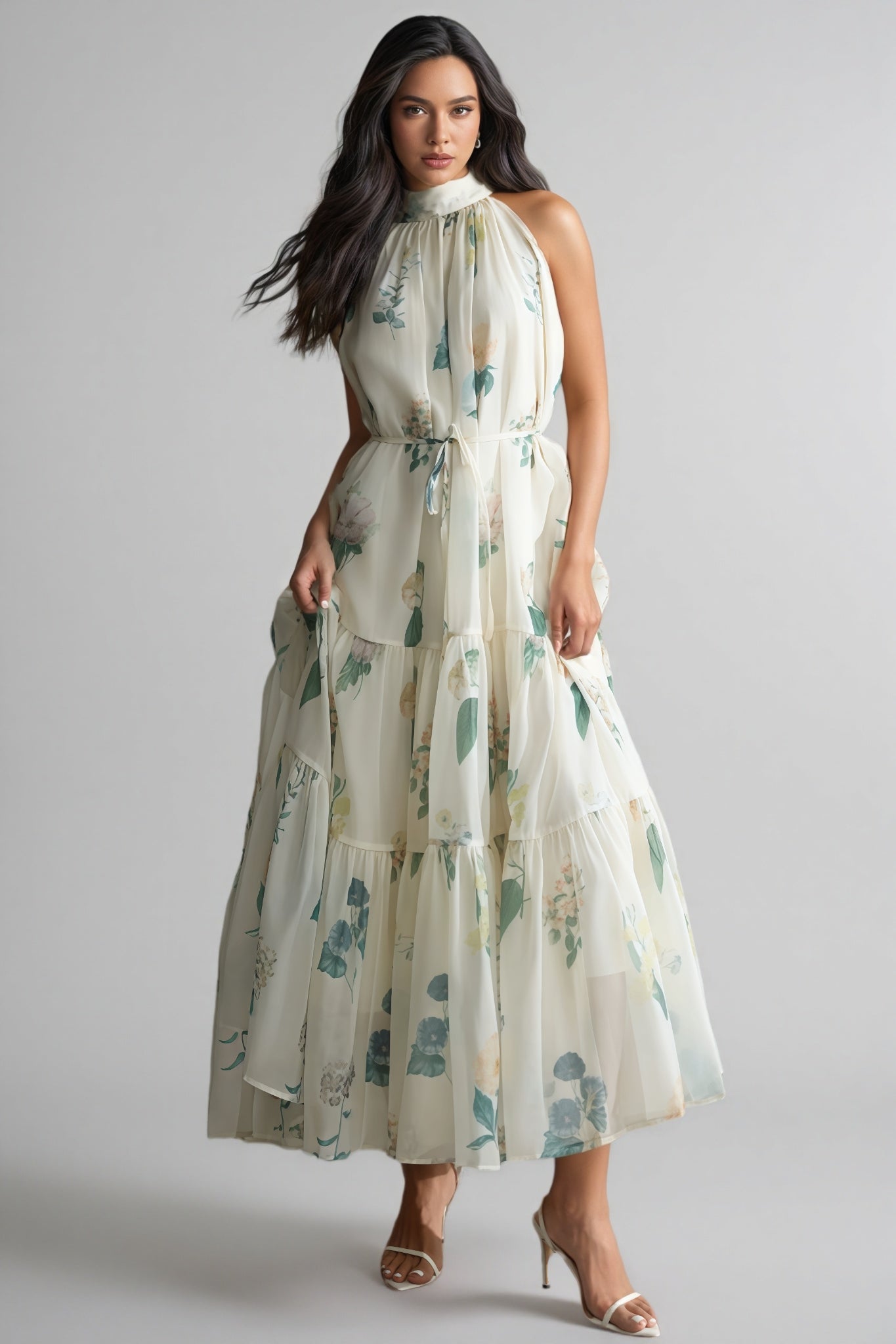 Mikin Floral Print Halter Maxi Dress