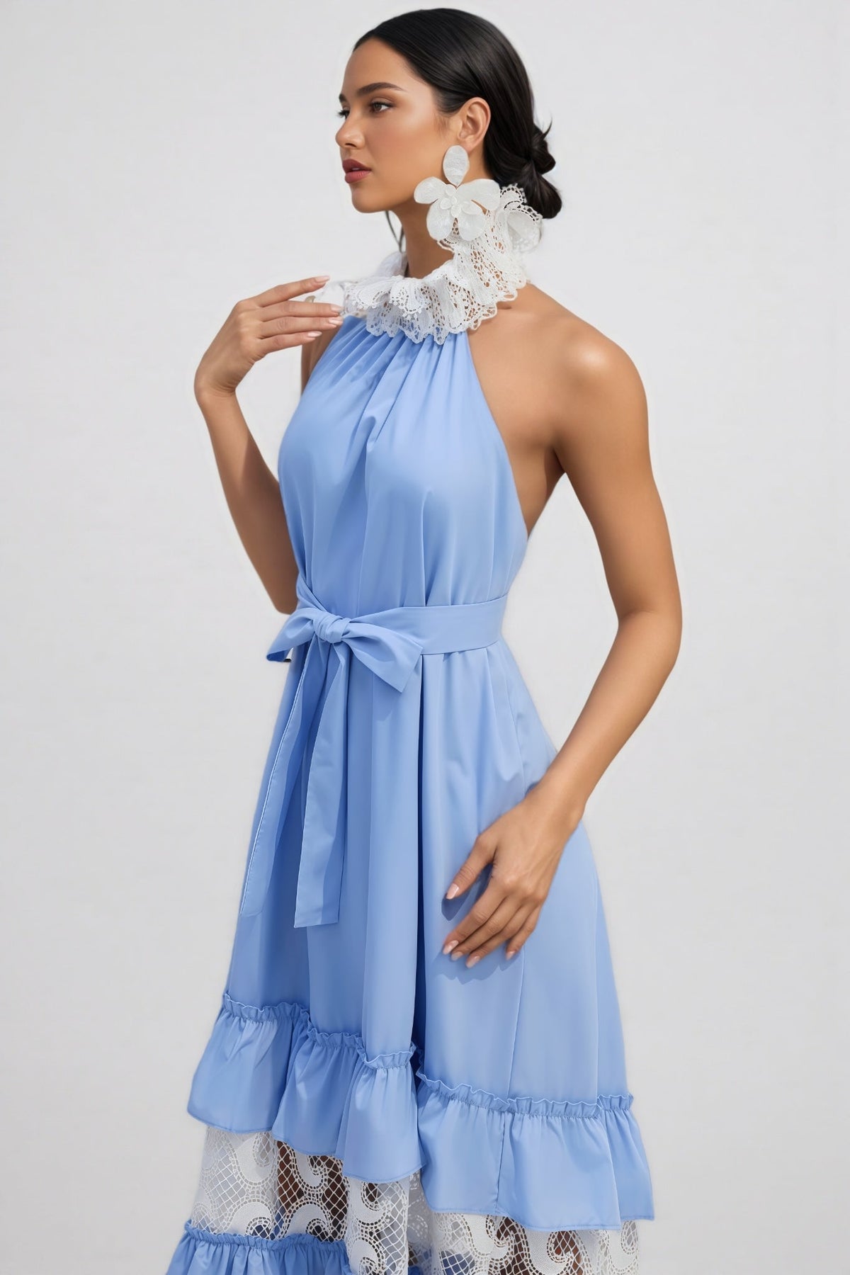 Halter Neck Tie Waist Lace Insert Tiered Ruffle Maxi Dress 5