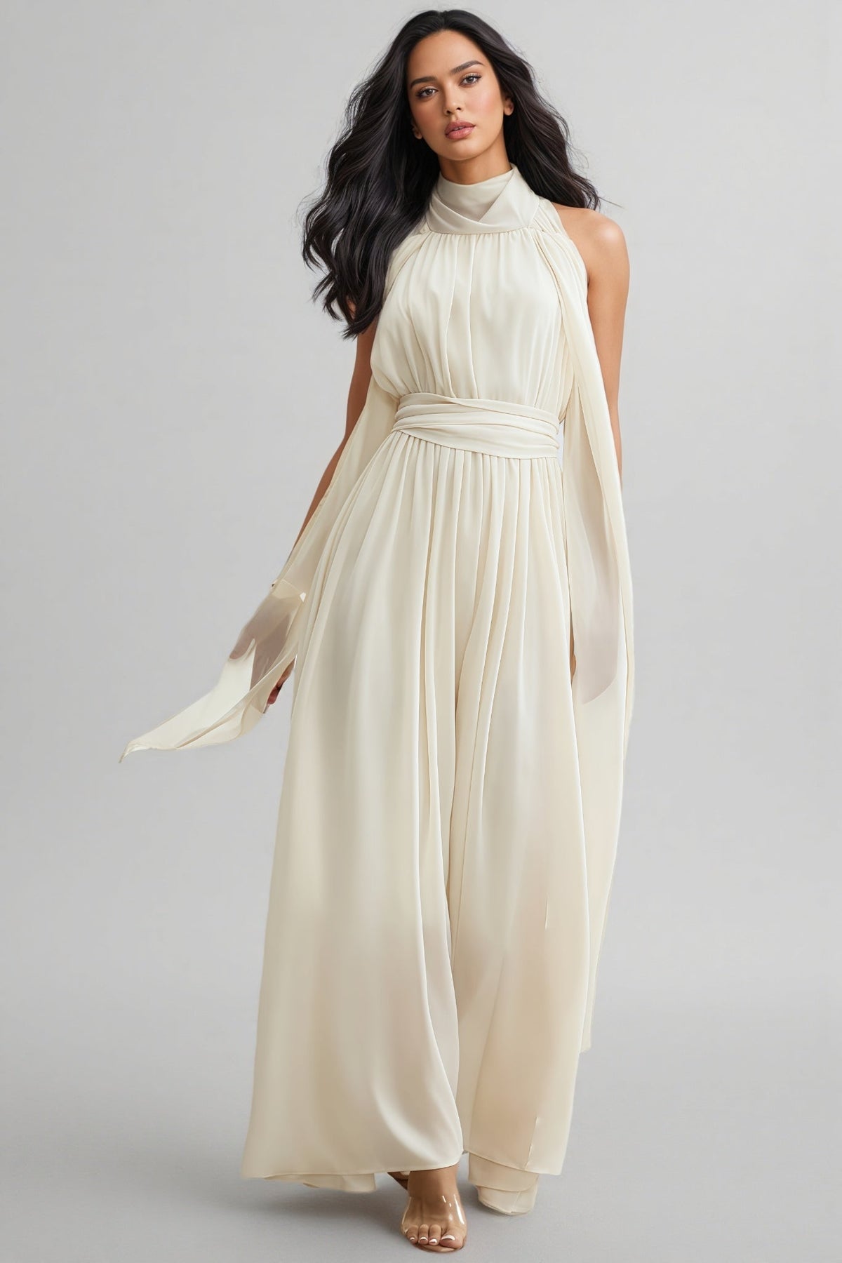 Halter Neck Sleeveless Chiffon Draped Scarf Belted Wide Leg Jumpsuit
