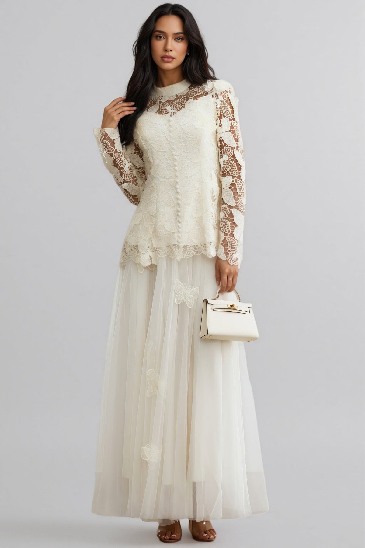 Cut Out Lace Long Sleeve Top and Tulle Maxi Skirt Two Piece Set