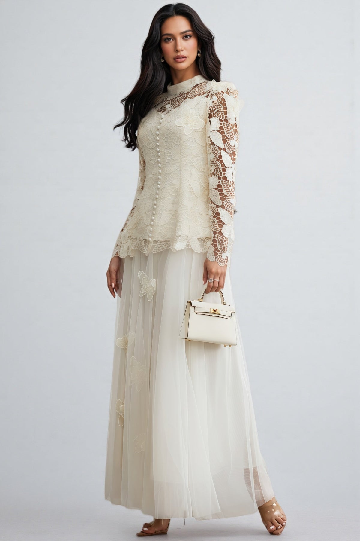 Cut Out Lace Long Sleeve Top and Tulle Maxi Skirt Two Piece Set 3