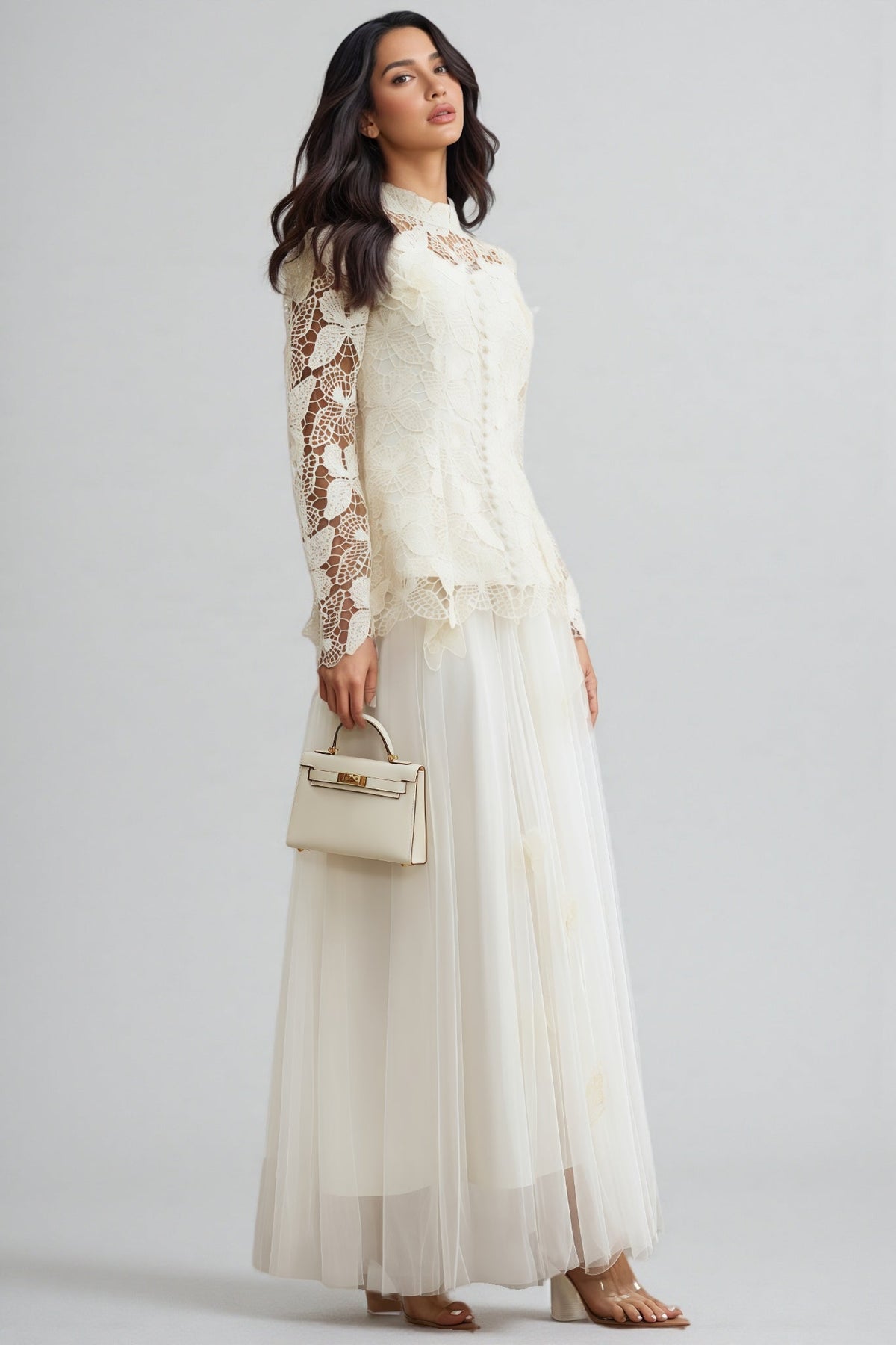 Cut Out Lace Long Sleeve Top and Tulle Maxi Skirt Two Piece Set 5