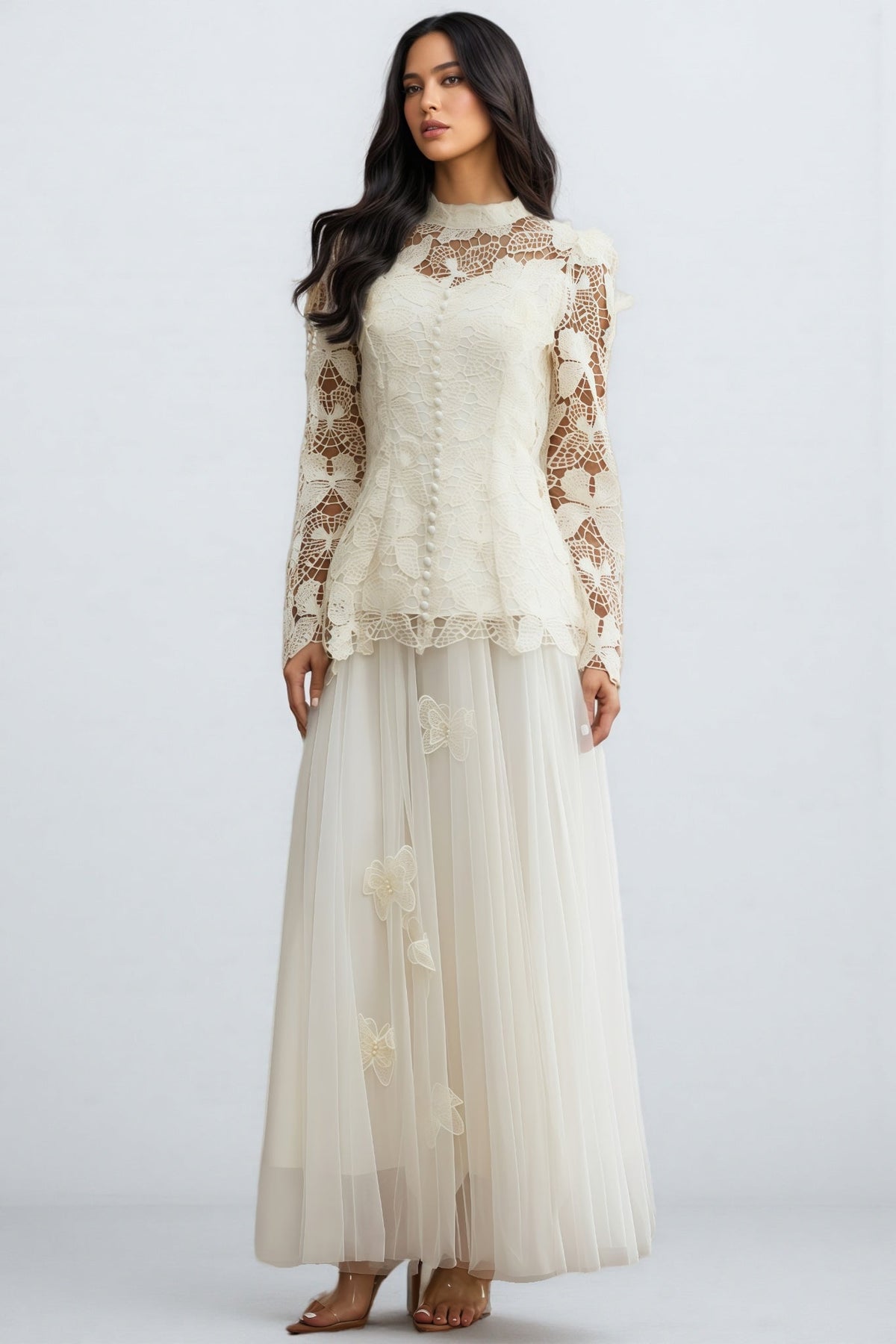 Cut Out Lace Long Sleeve Top and Tulle Maxi Skirt Two Piece Set 2