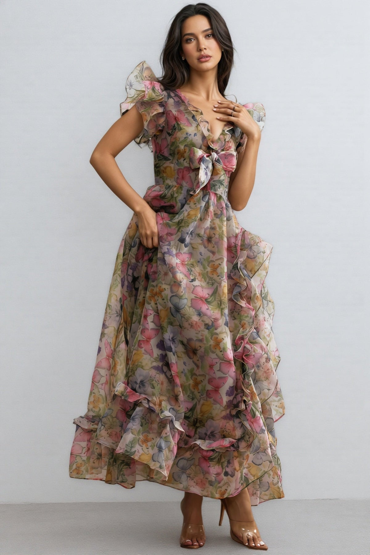 Floral Print Organza V-Neck Ruffle Sleeve Bow Front High Split Maxi Dress 3
