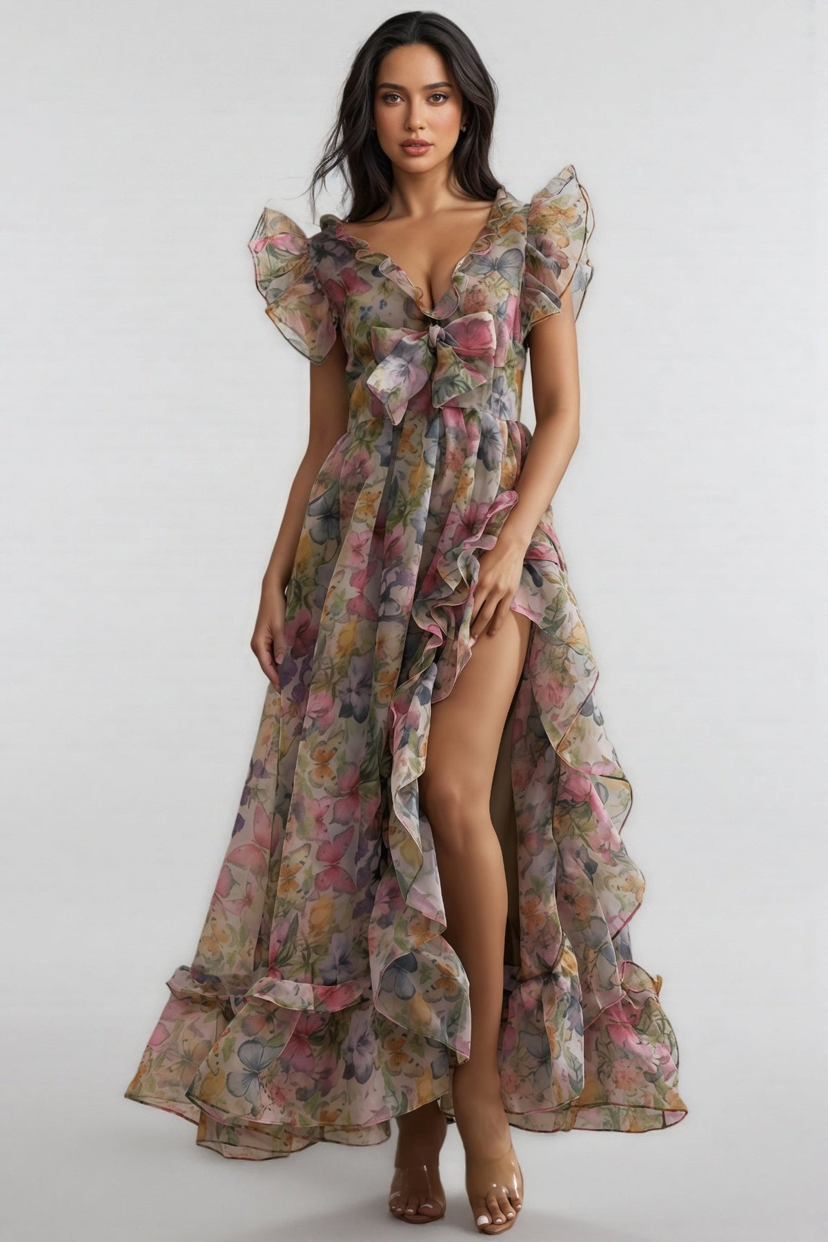 Floral Print Organza V-Neck Ruffle Sleeve Bow Front High Split Maxi Dress