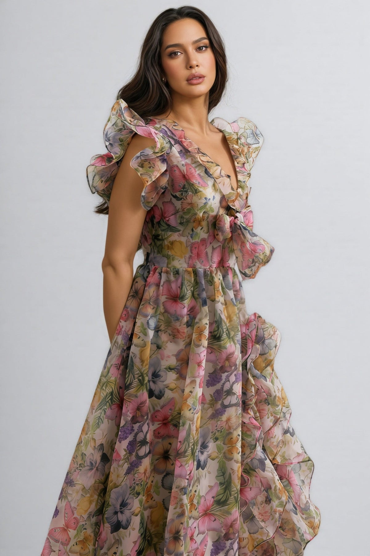 Floral Print Organza V-Neck Ruffle Sleeve Bow Front High Split Maxi Dress 5