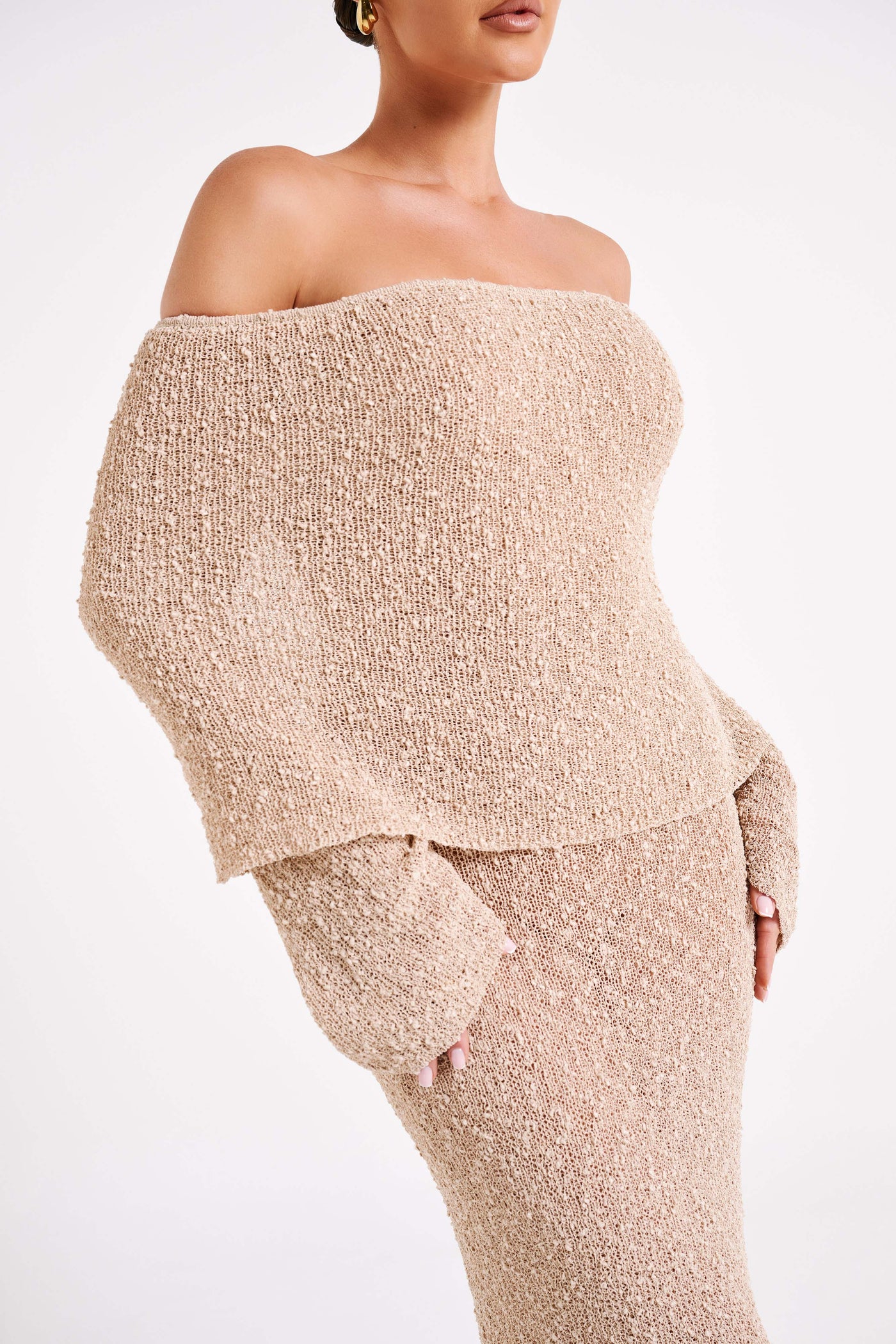 Textured Knit Off Shoulder Long Sleeve Column Maxi Dress 3