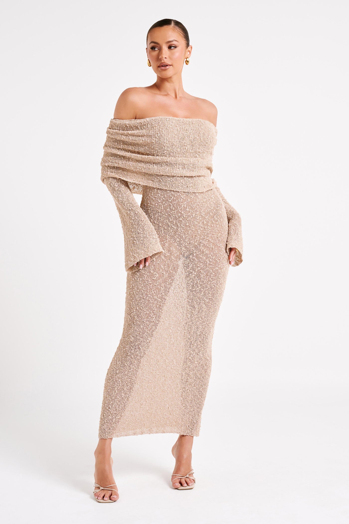 Textured Knit Off Shoulder Long Sleeve Column Maxi Dress 4