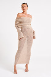 Textured Knit Off Shoulder Long Sleeve Column Maxi Dress 4