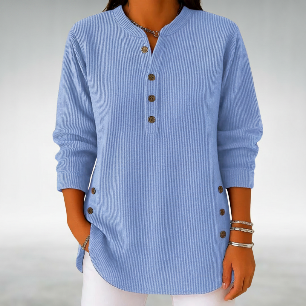 Split Neck Button Placket Ribbed Knit Jumper