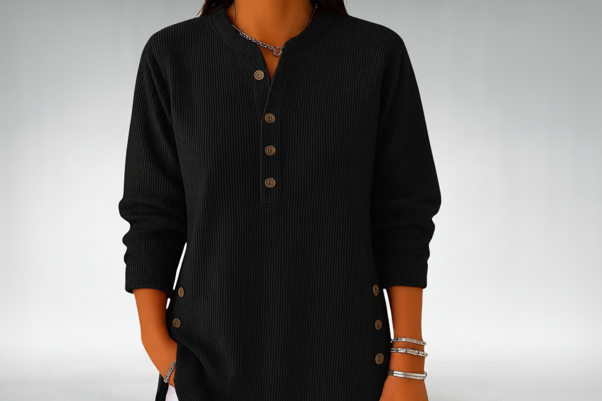 Split Neck Button Placket Ribbed Knit Jumper