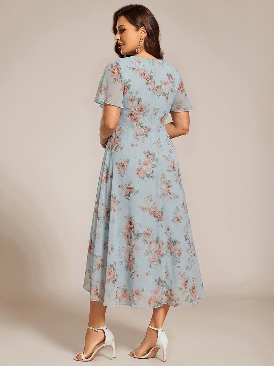 V-Neck Flutter Sleeve Chiffon High Low Midi Dress Wedding Guest