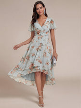 V-Neck Flutter Sleeve Chiffon High Low Midi Dress Wedding Guest