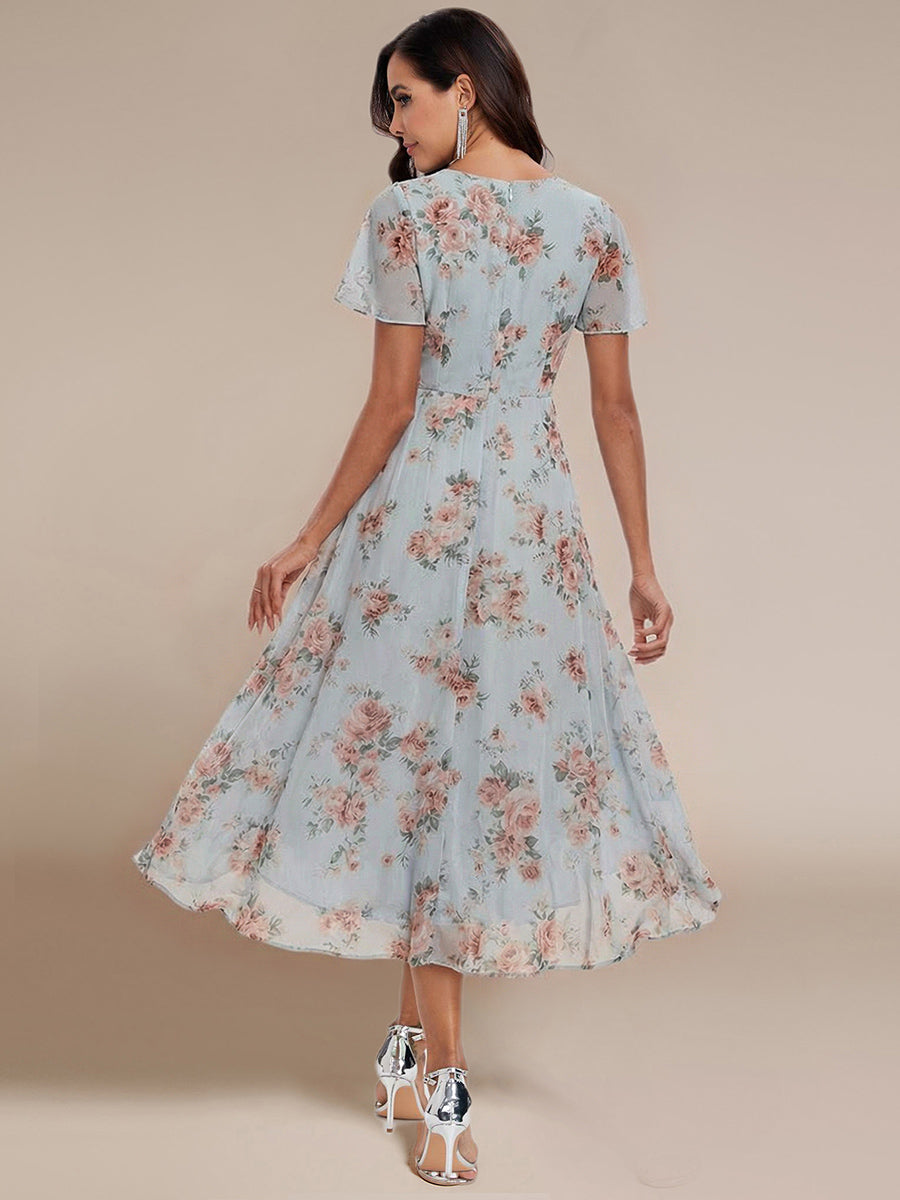 V-Neck Flutter Sleeve Chiffon High Low Midi Dress Wedding Guest