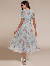 V-Neck Flutter Sleeve Chiffon High Low Midi Dress Wedding Guest