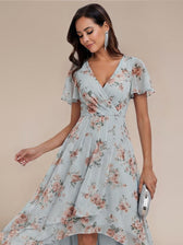 V-Neck Flutter Sleeve Chiffon High Low Midi Dress Wedding Guest