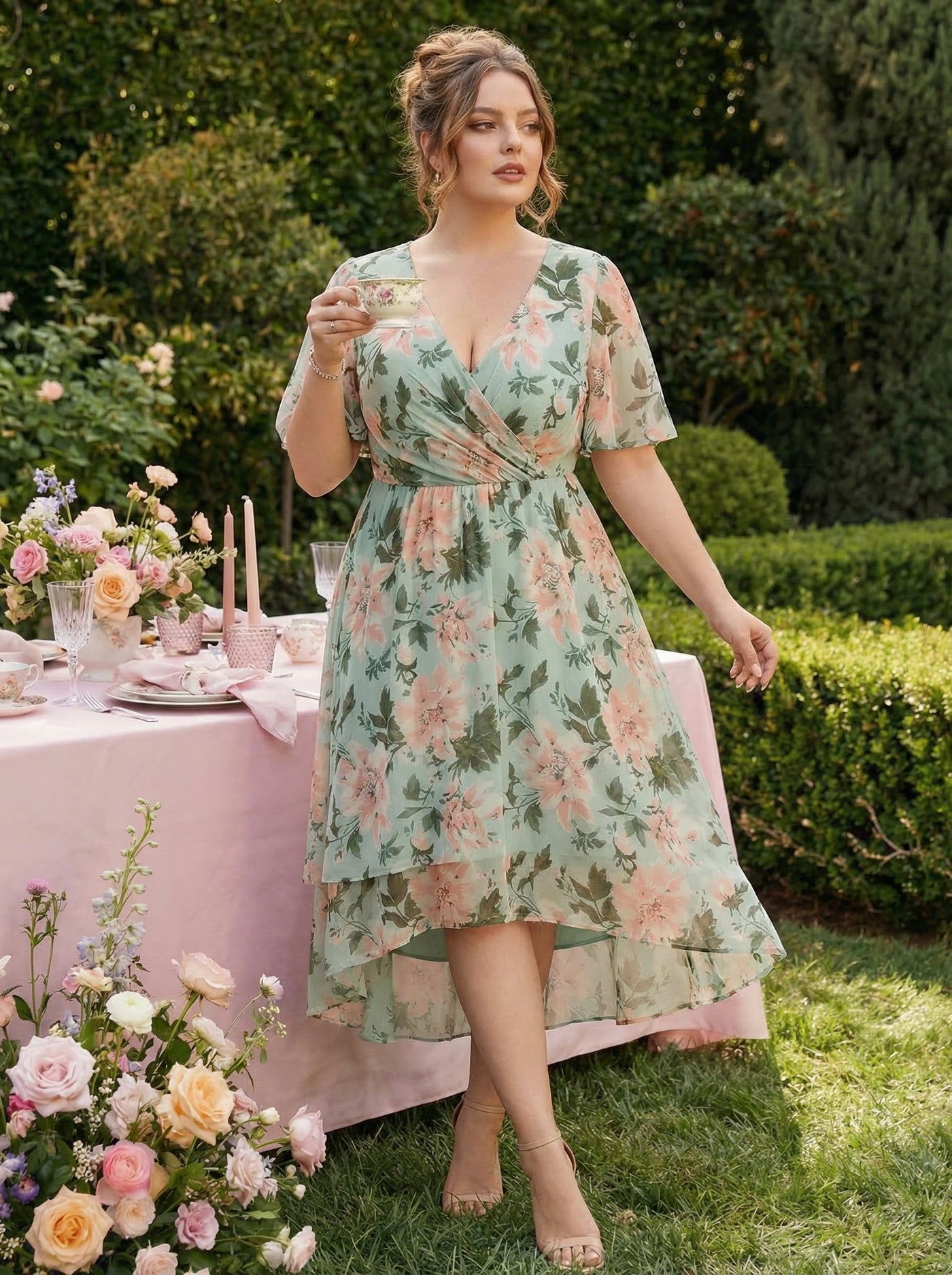 V-Neck Flutter Sleeve Chiffon High Low Midi Dress Wedding Guest