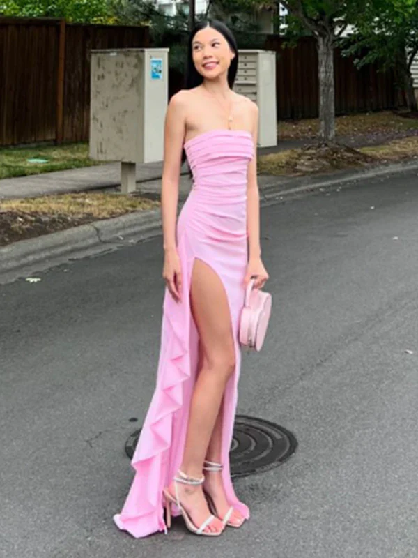 Elegant Pink Strapless Slit Evening Dress Sexy Party Prom Dress With Ruffles cc1840