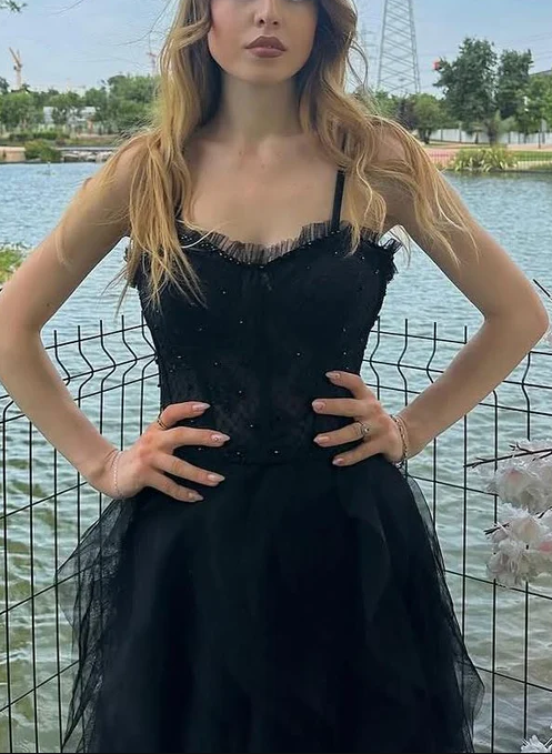 Charming Spaghetti Straps Red Ruffles Tulle Beaded Formal Prom Dress Long Evening Dress cc1989