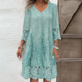 Lace Trim V-Neck Button Front Shift Midi Dress 2