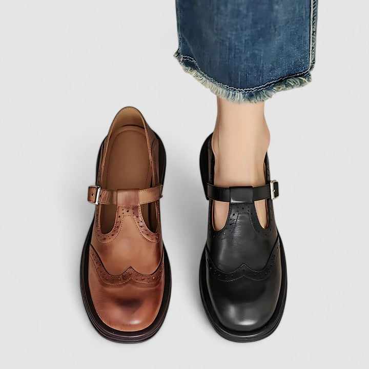 Round Toe T-Strap Buckle Brogue Mary Jane Flats