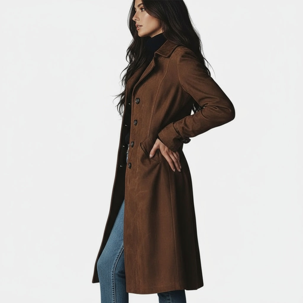 Suede Look Notch Lapel Button Front Longline Coat