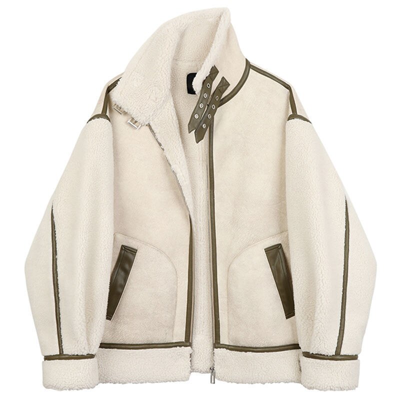 Warm Loose Leather Patchwork Jacket Beige / S