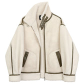 Warm Loose Leather Patchwork Jacket Beige / S